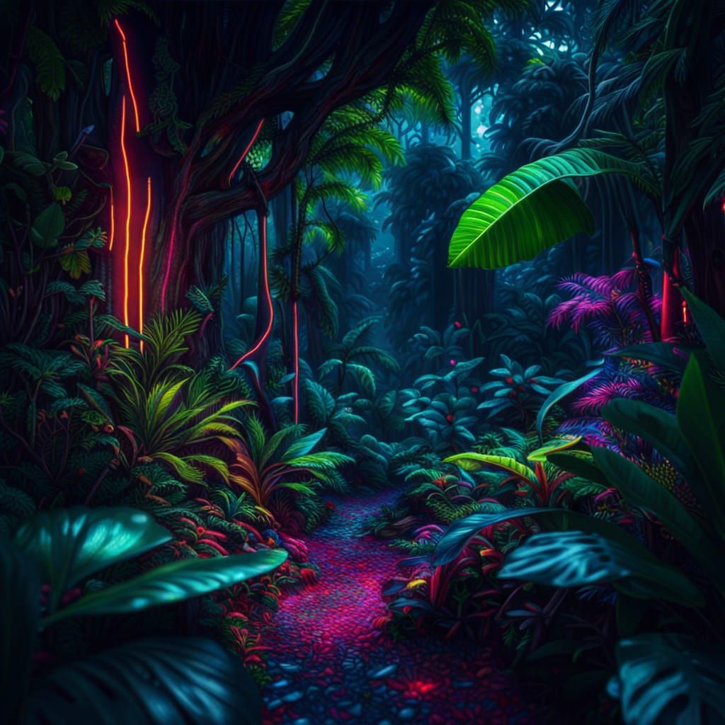 Hyperrealistic Neon Rainforest in HDR