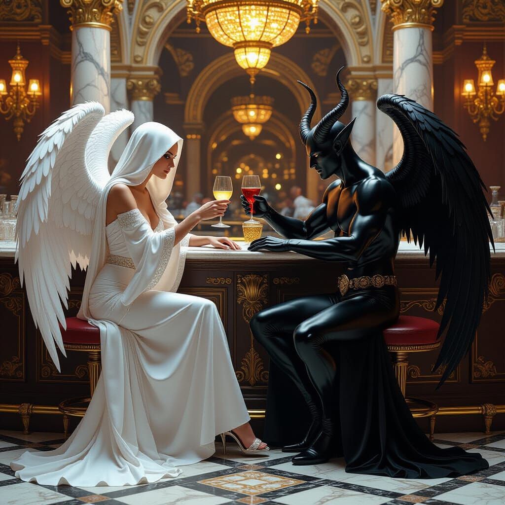 Angel and Demon Toasting in Ornate Bar