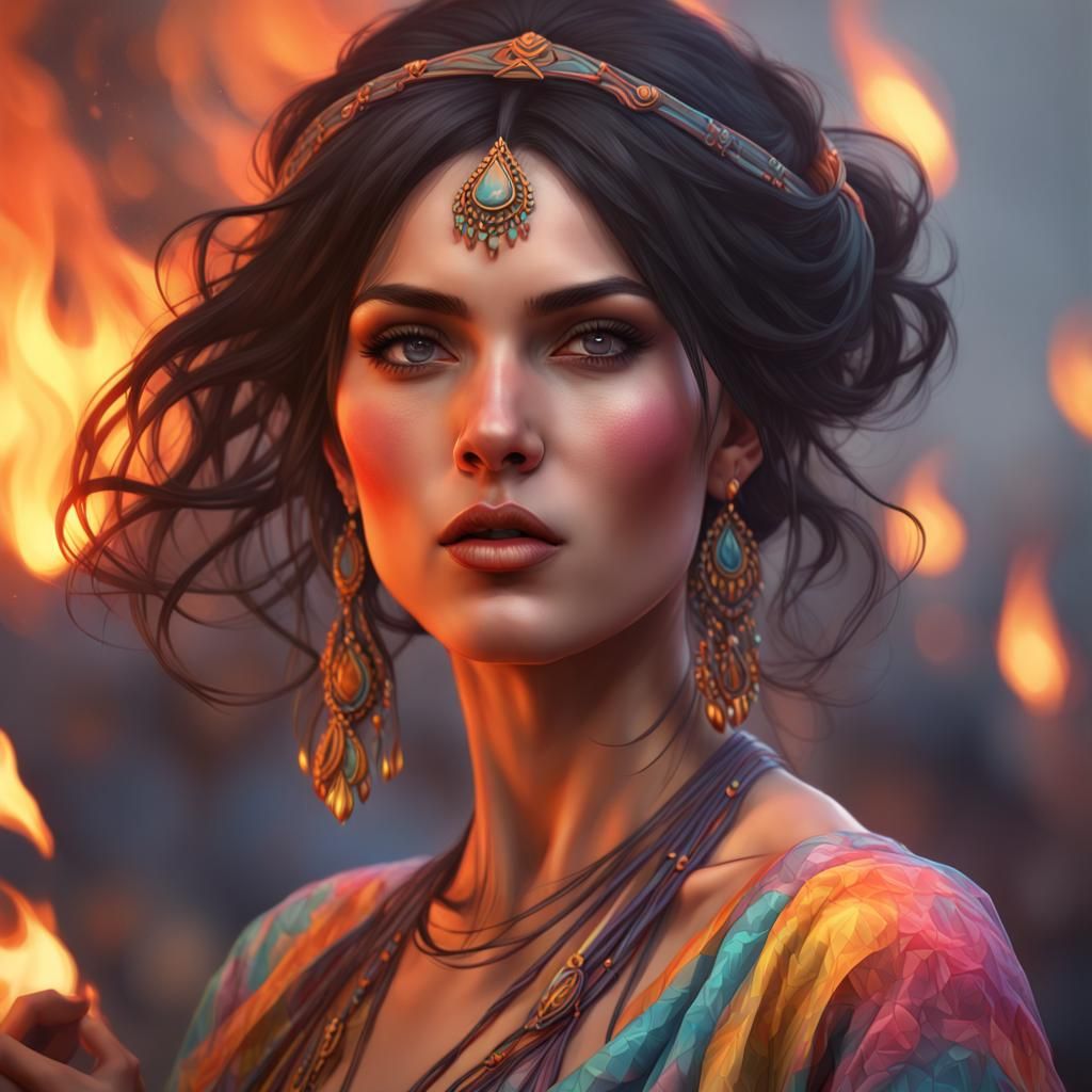 Woman Dancing by Firelight: Hyperdetailed Portrait
