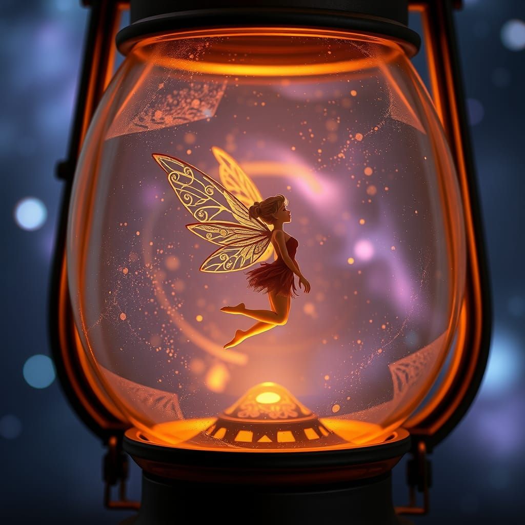 Fairy in Vintage Lamp with Cosmic Sky
