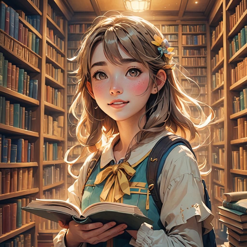 Cheerful Anime Girl in Library: 3D Rendered Art