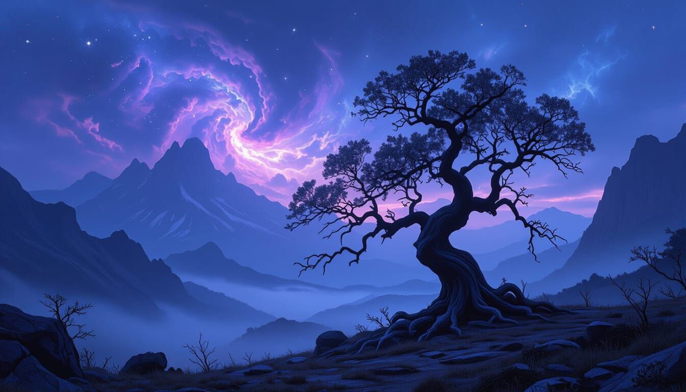 Ancient Tree Under Nebula Sky in Dark Fantasy Style