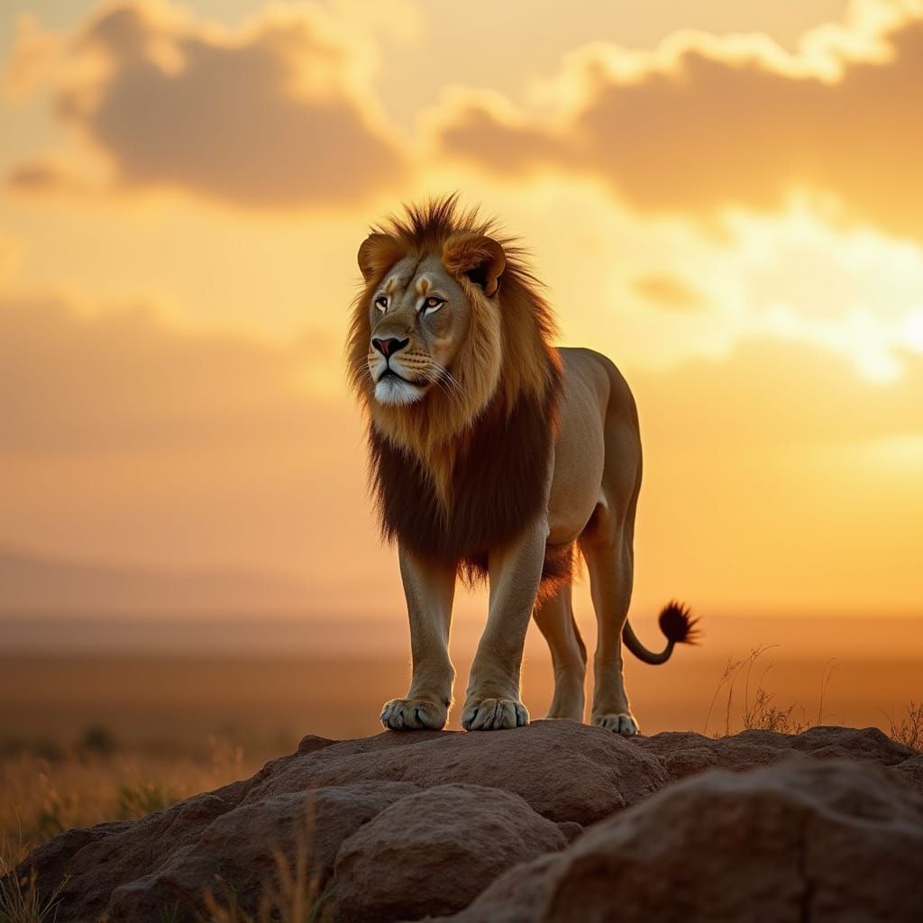 Lion on Windswept Mesa at Sunrise: Wildlife Photography