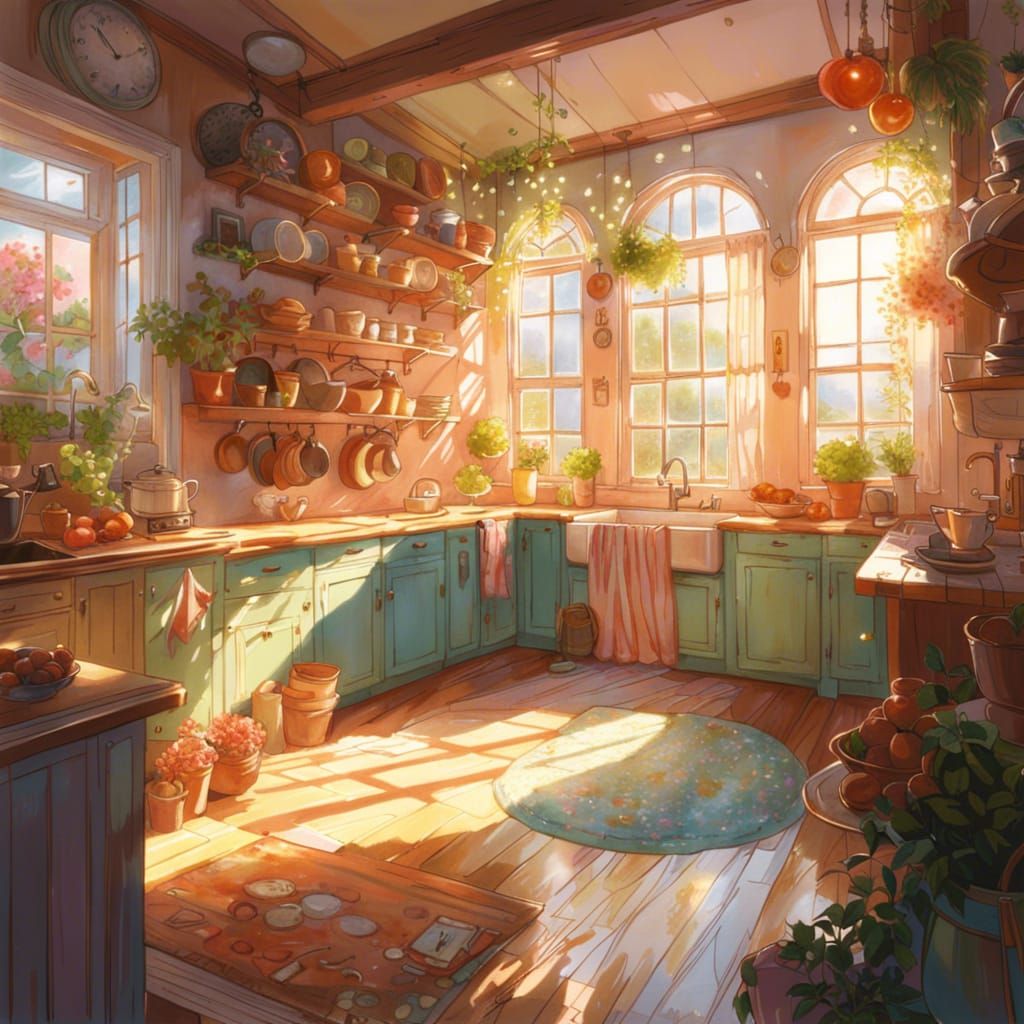 Dreamy Kitchen Interior with Sun Rays, Digital Art