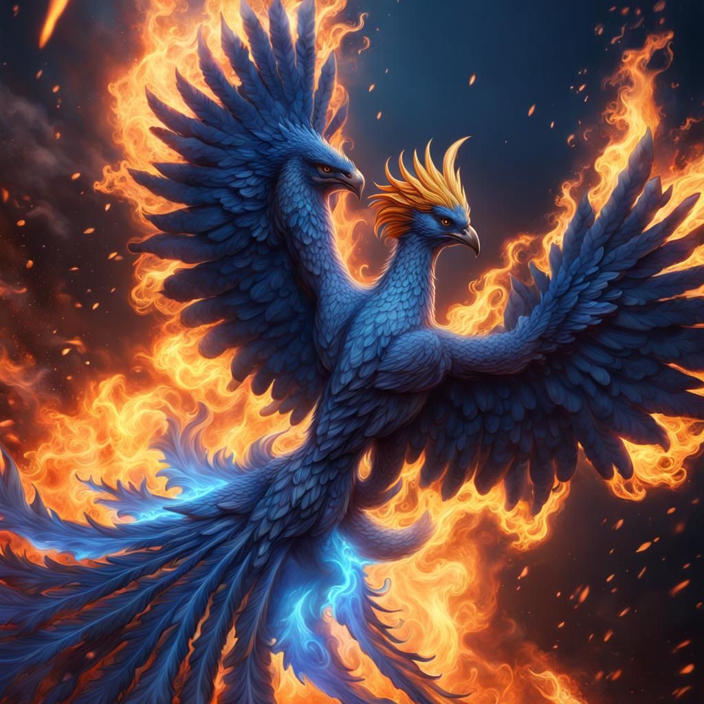 Majestic Blue Phoenix in Flight, Digital Art