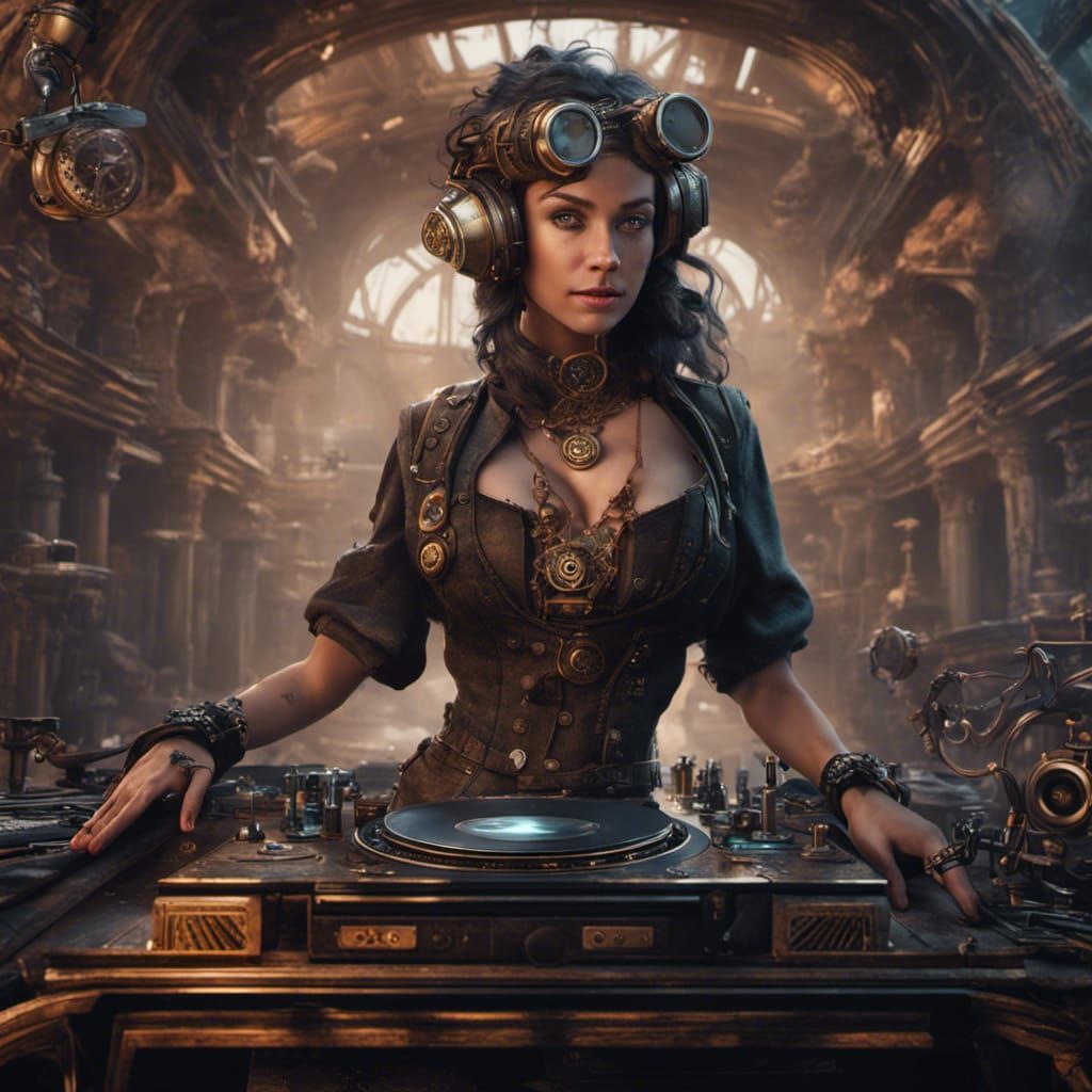 Steampunk Woman DJing in Dark, Detailed Style