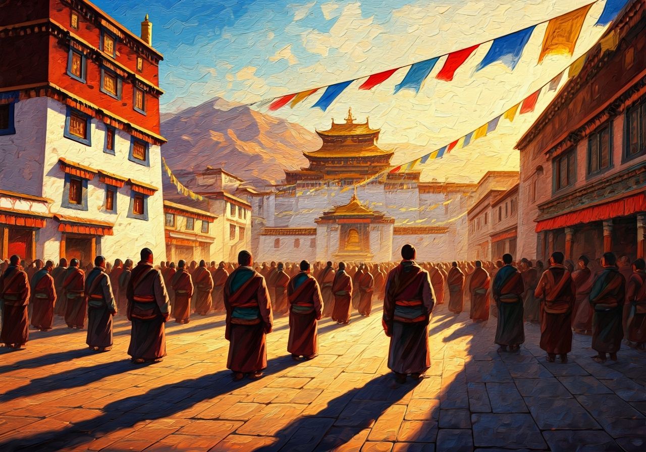 Pilgrims Prostrate at Jokhang Temple in Golden Hour Light