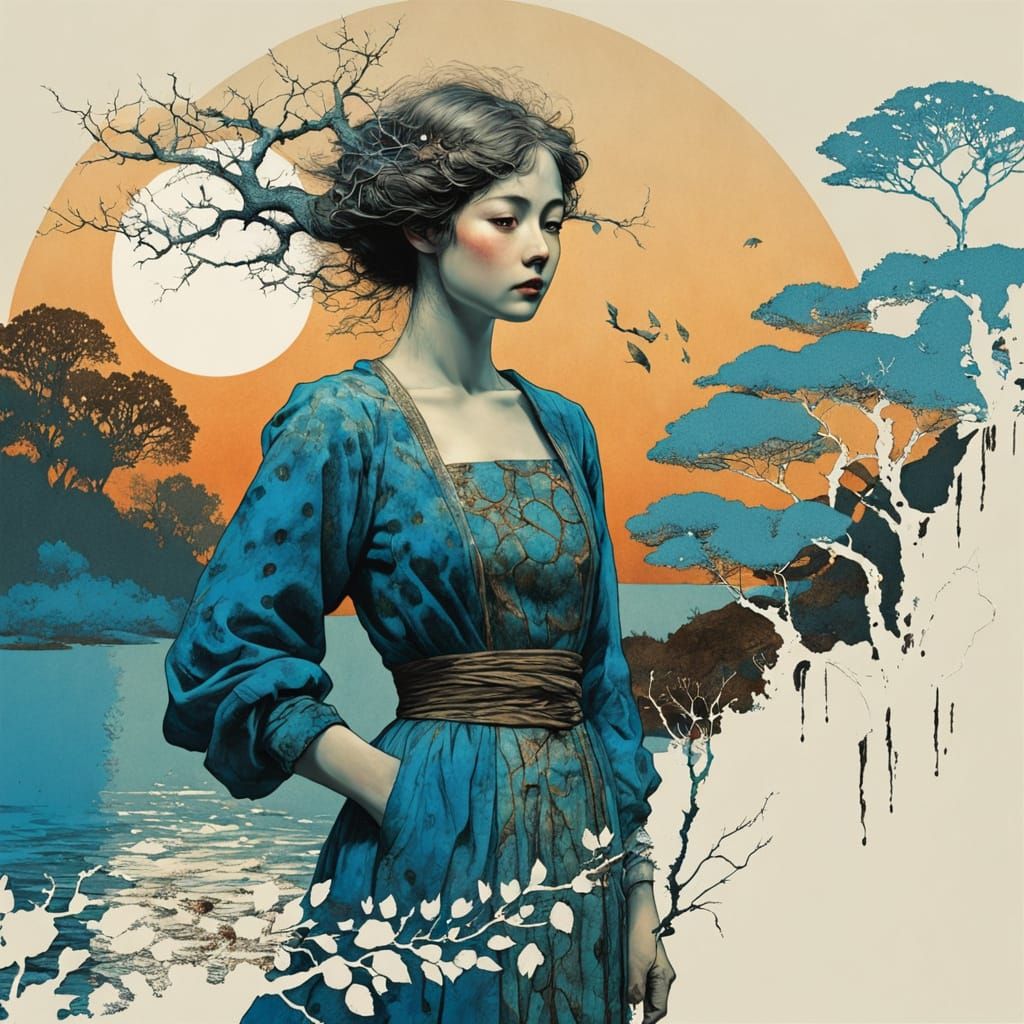 Silk Screen Print of Woman at Sunset with Decoupage Elements