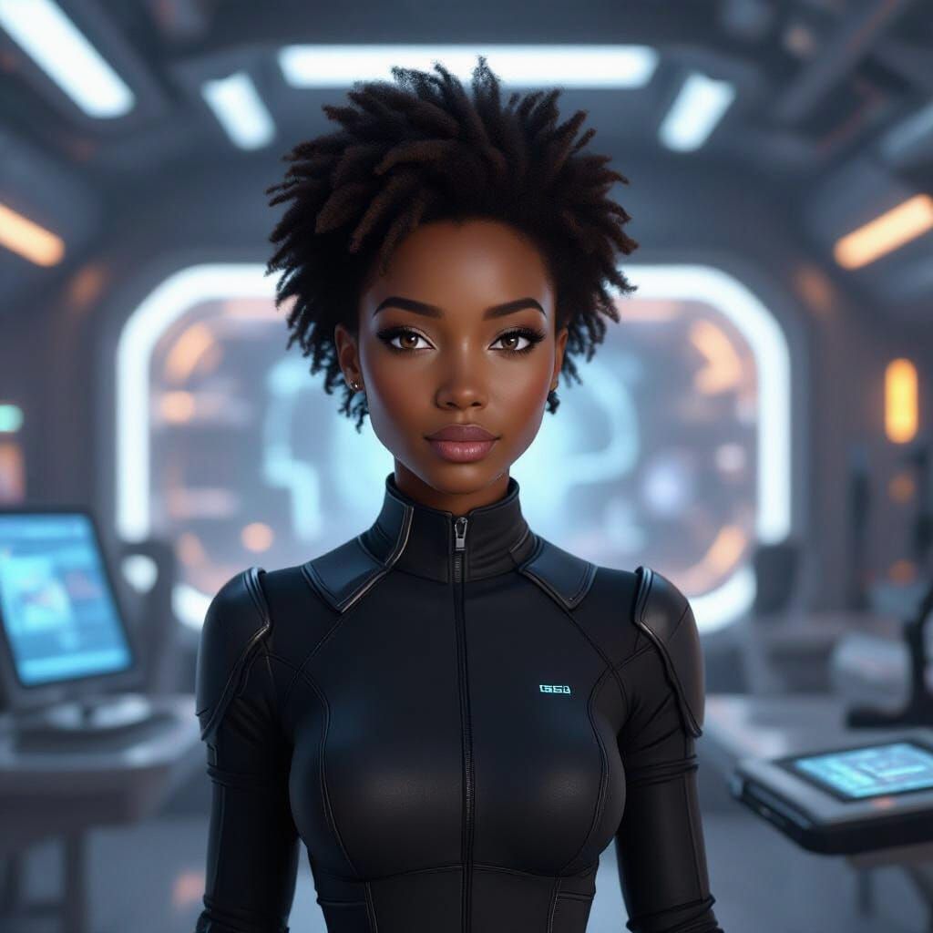 Futuristic African AI Mentor in Sci-Fi Lab, Digital Painting