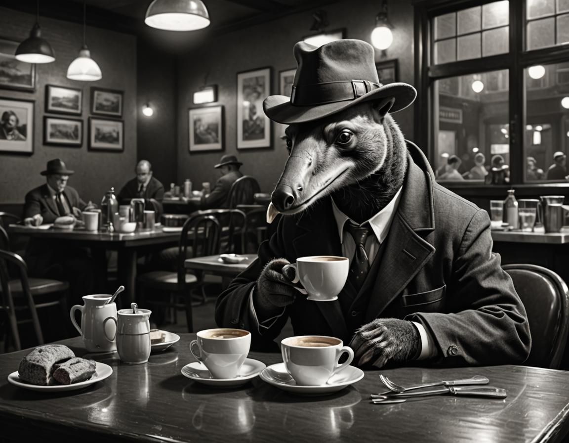 Noir Anteater Detective Drinks Coffee