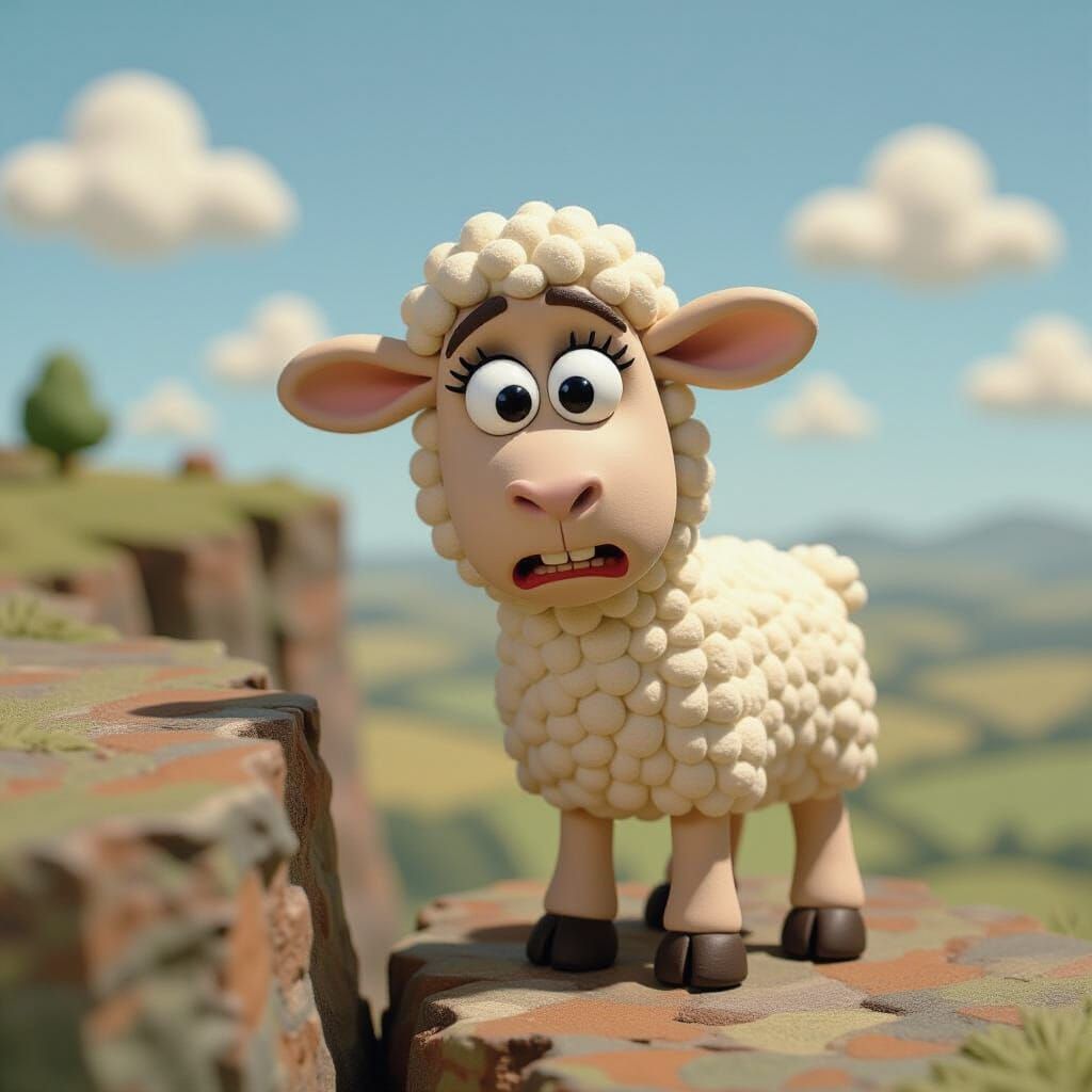 Worried Lamb on Cliff in Claymation Style