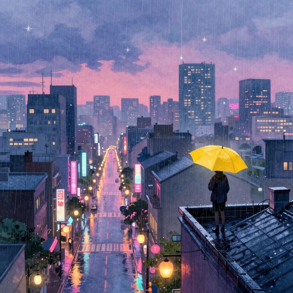 Twilight Cityscape in Magical Rainstorm