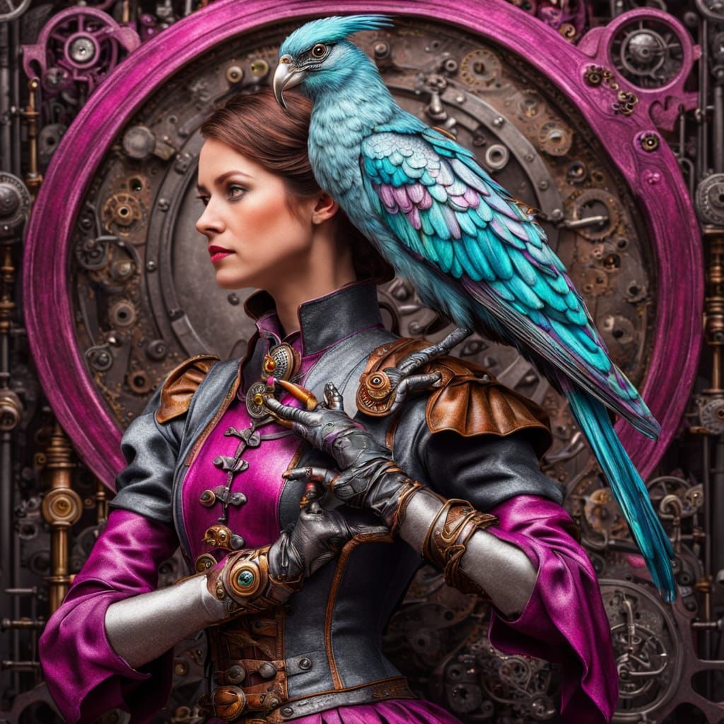 Steampunk Fantasy: Woman and Bird on Gauntlet