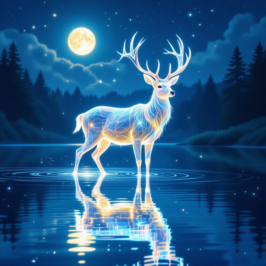 Liquid Light Deer in Moonlit Lake: Hyperrealistic Splash Art