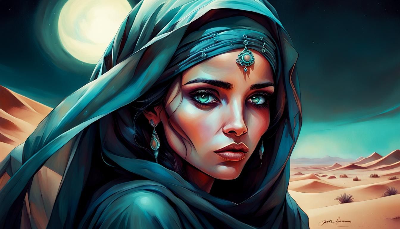 Bioluminescent Bedouin Woman in Comic Noir Style