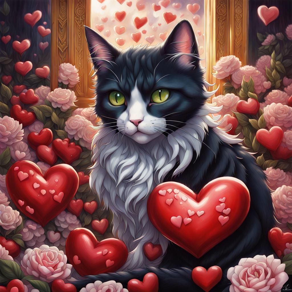 Hyperrealistic Cats and Hearts in Anime Style