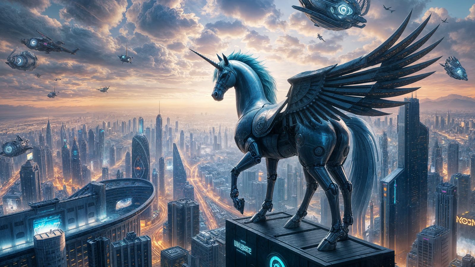 Cybernetic Unicorn Over Futuristic City