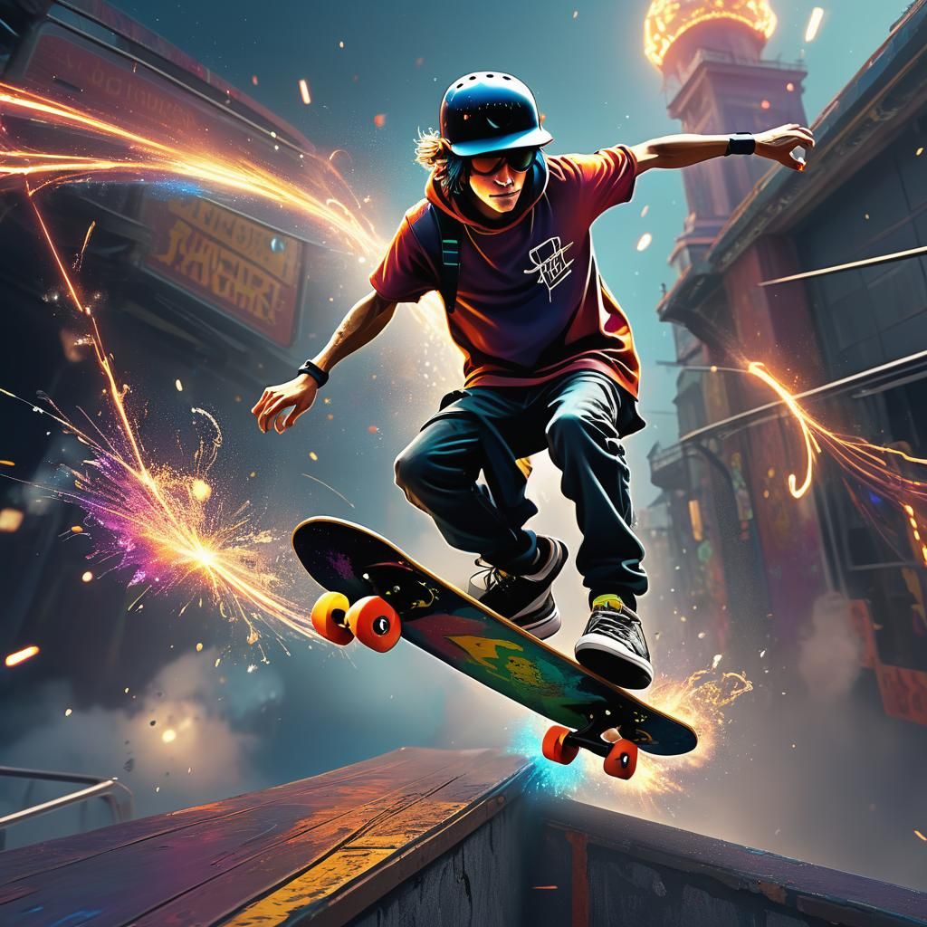 Skateboarder doing a rail ride and giving off polychromatic ...