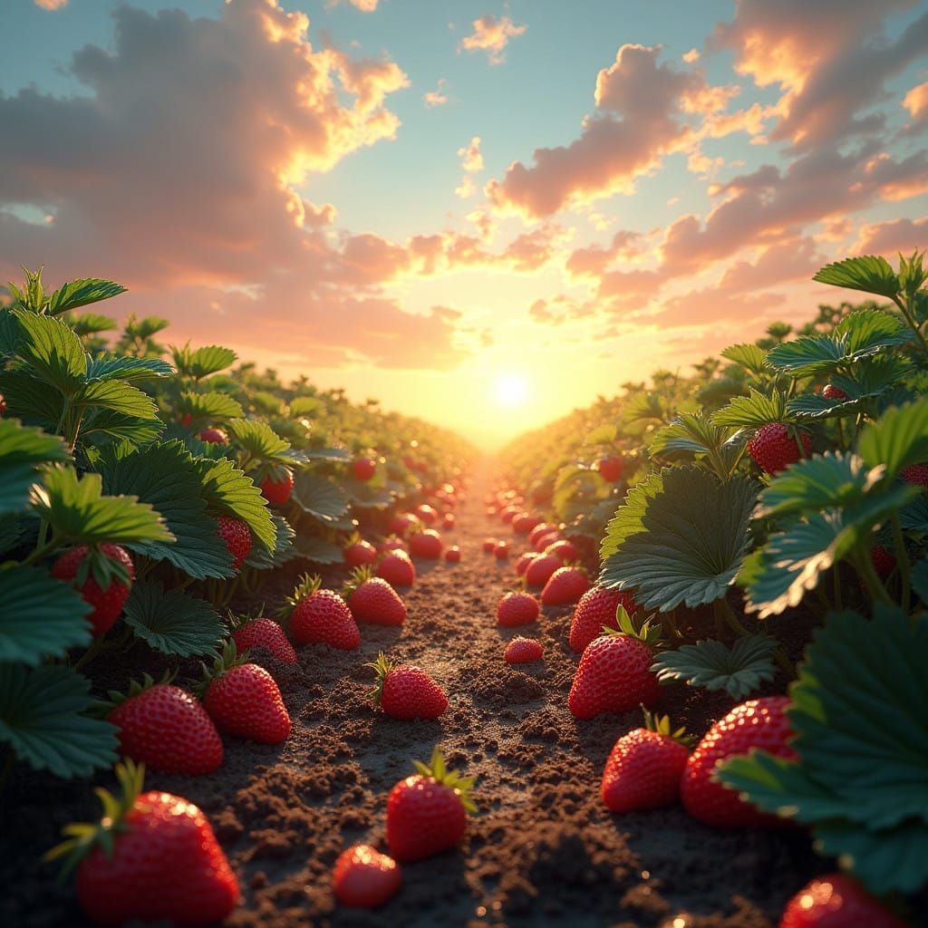 Vibrant Strawberry Field in Warm Golden Light