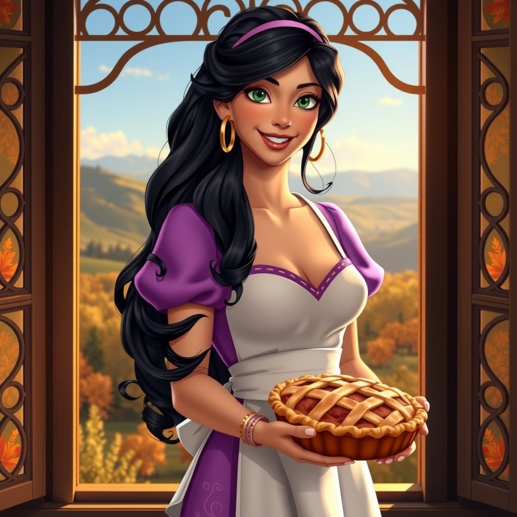 Esmeralda with Apple Pie in Autumn Landscape