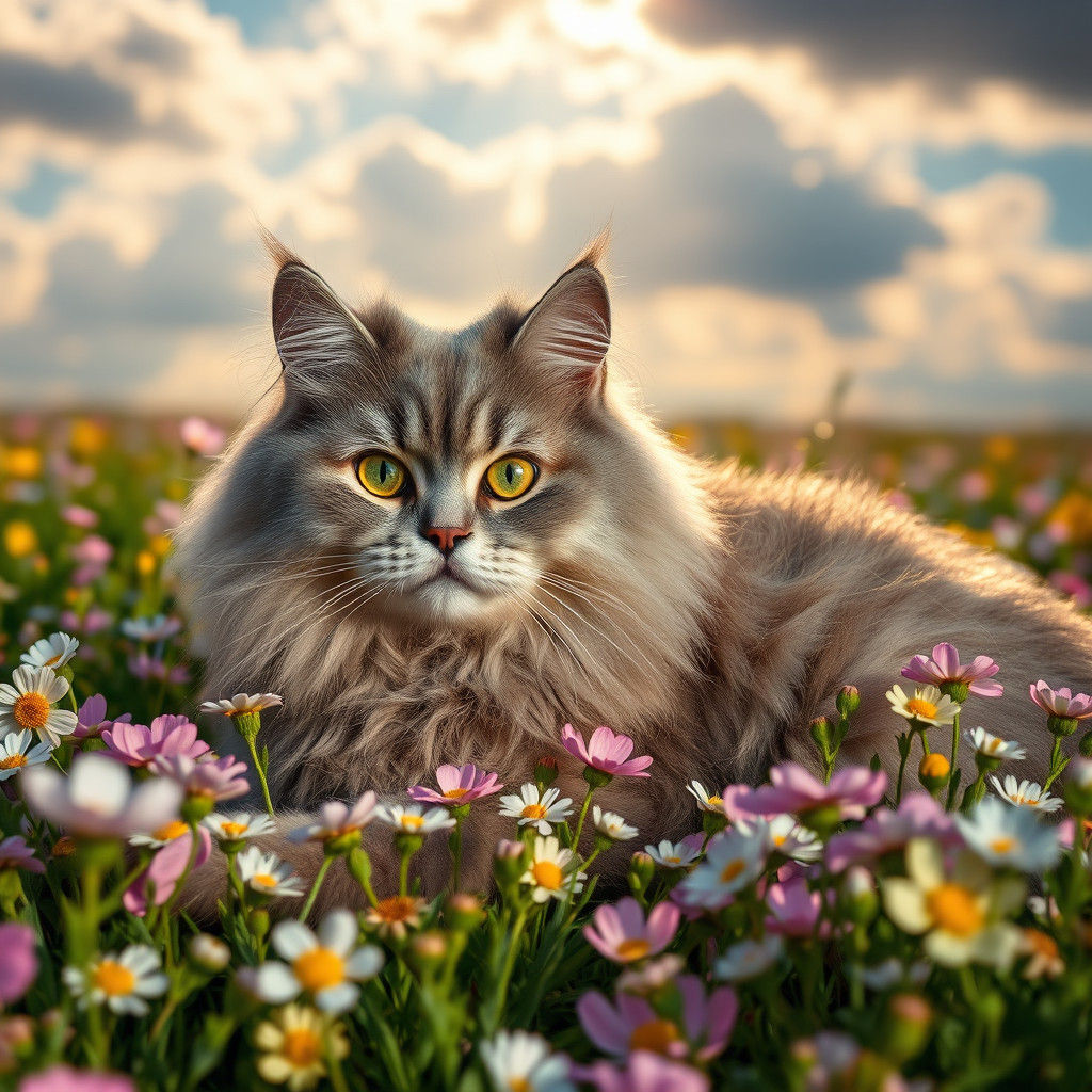 Grey Cat in Wildflower Meadow: Dreamy Summer Scene
