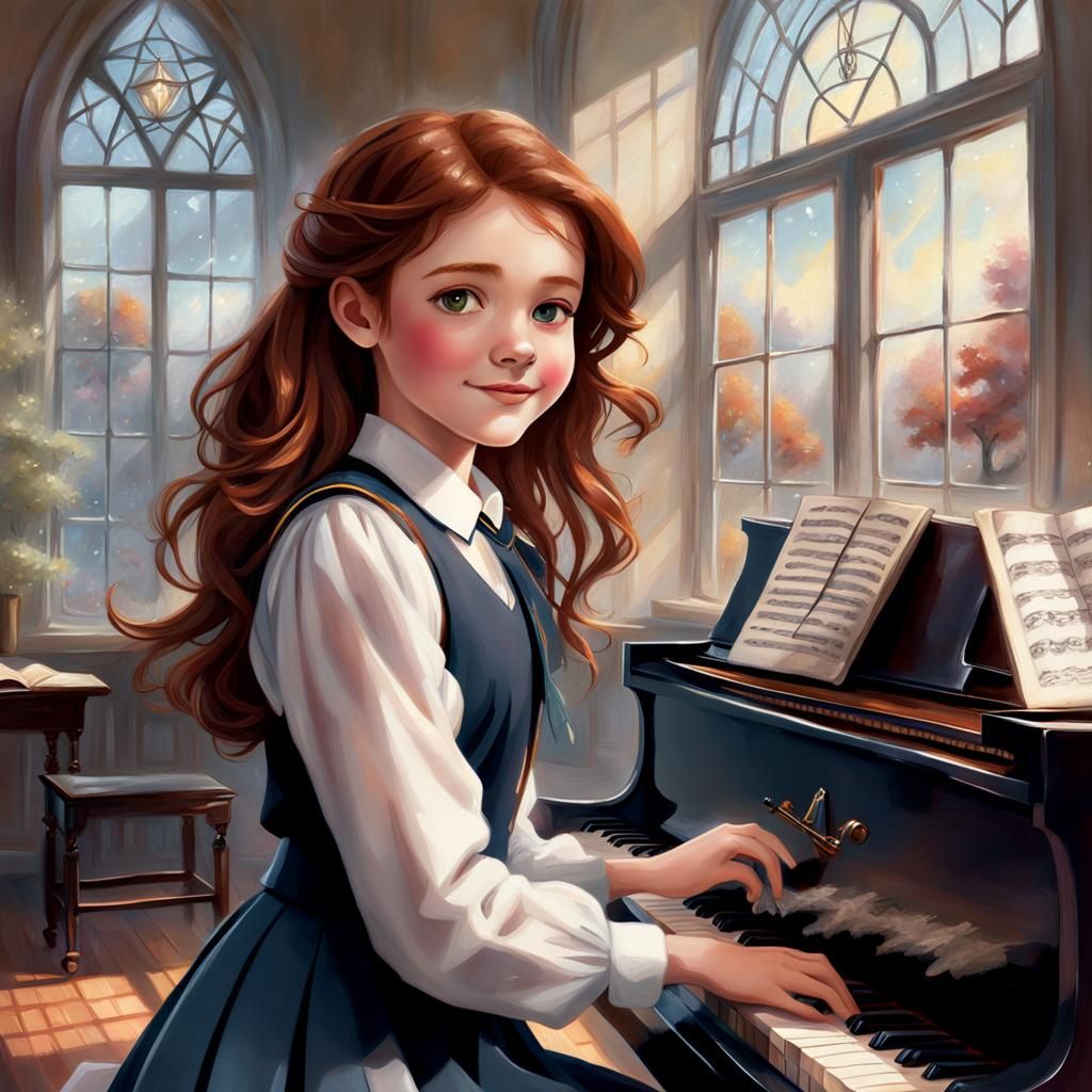 Auburn-Haired Girl Plays Piano in Ethereal Classroom