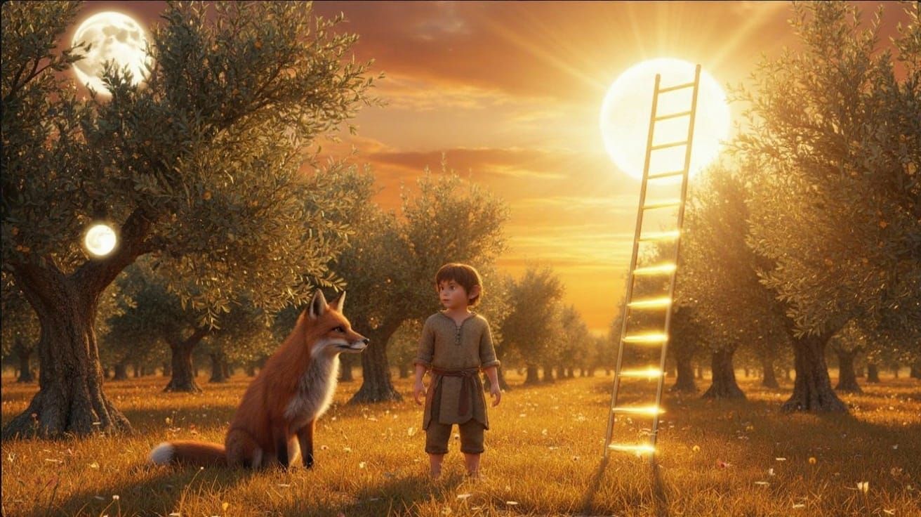 Pale Moon and Sun Through Olive Branches