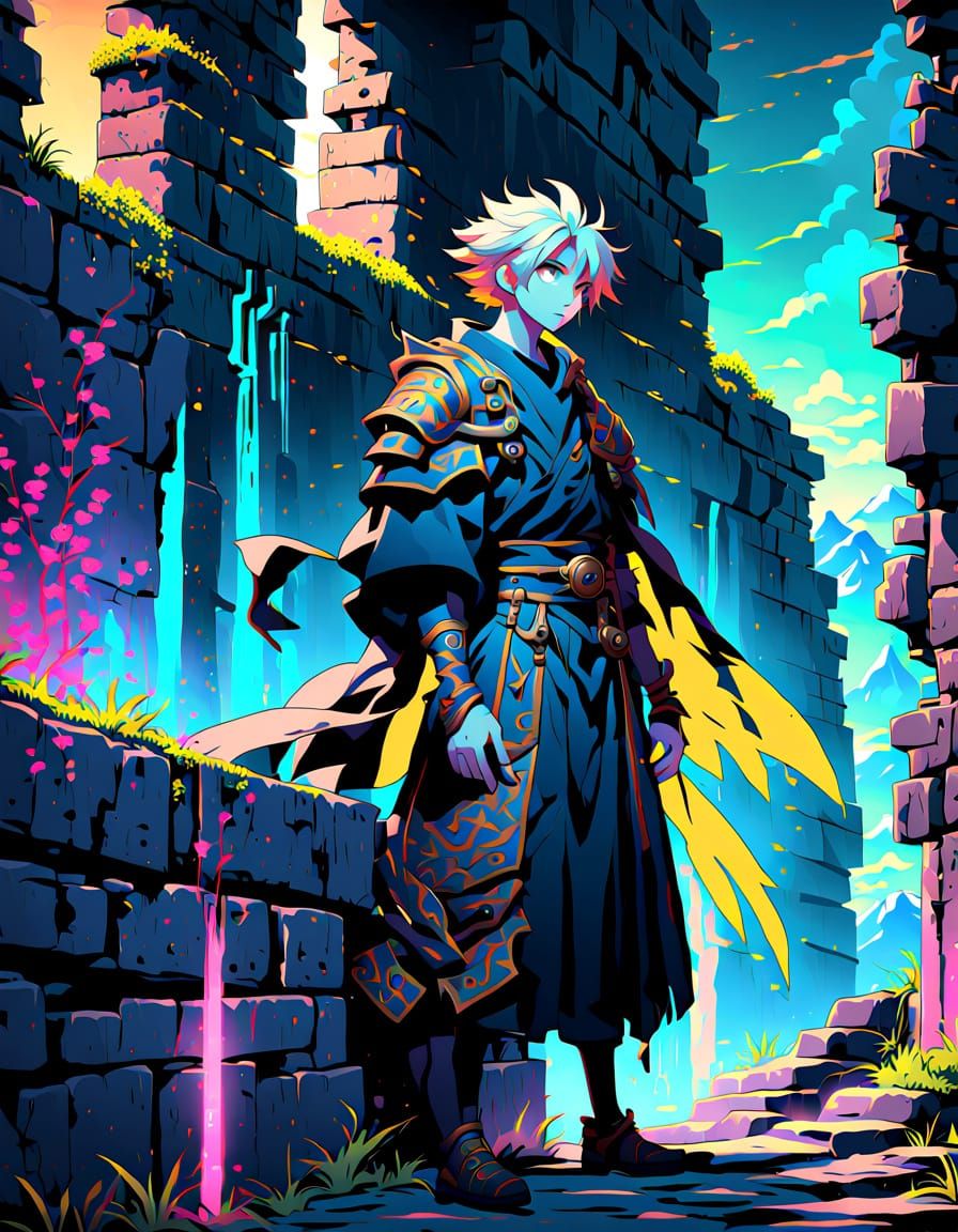 Anime Character on Wall with Neon Glow