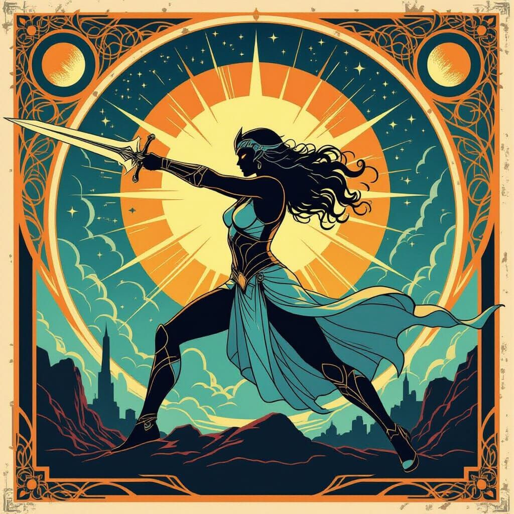 Celestial Warrior in Cosmic Battle Art Nouveau Style