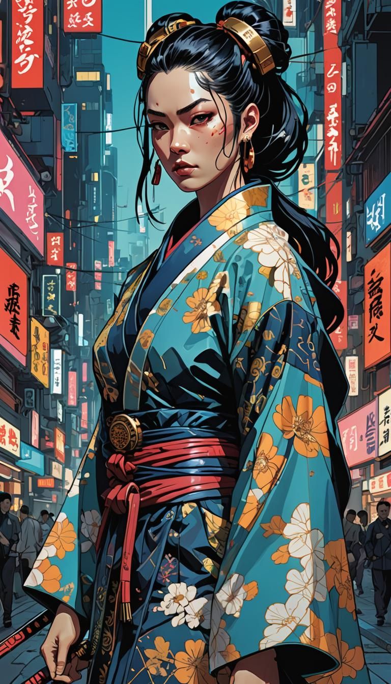 Cyberpunk Samurai Portrait in Cel Shading Style