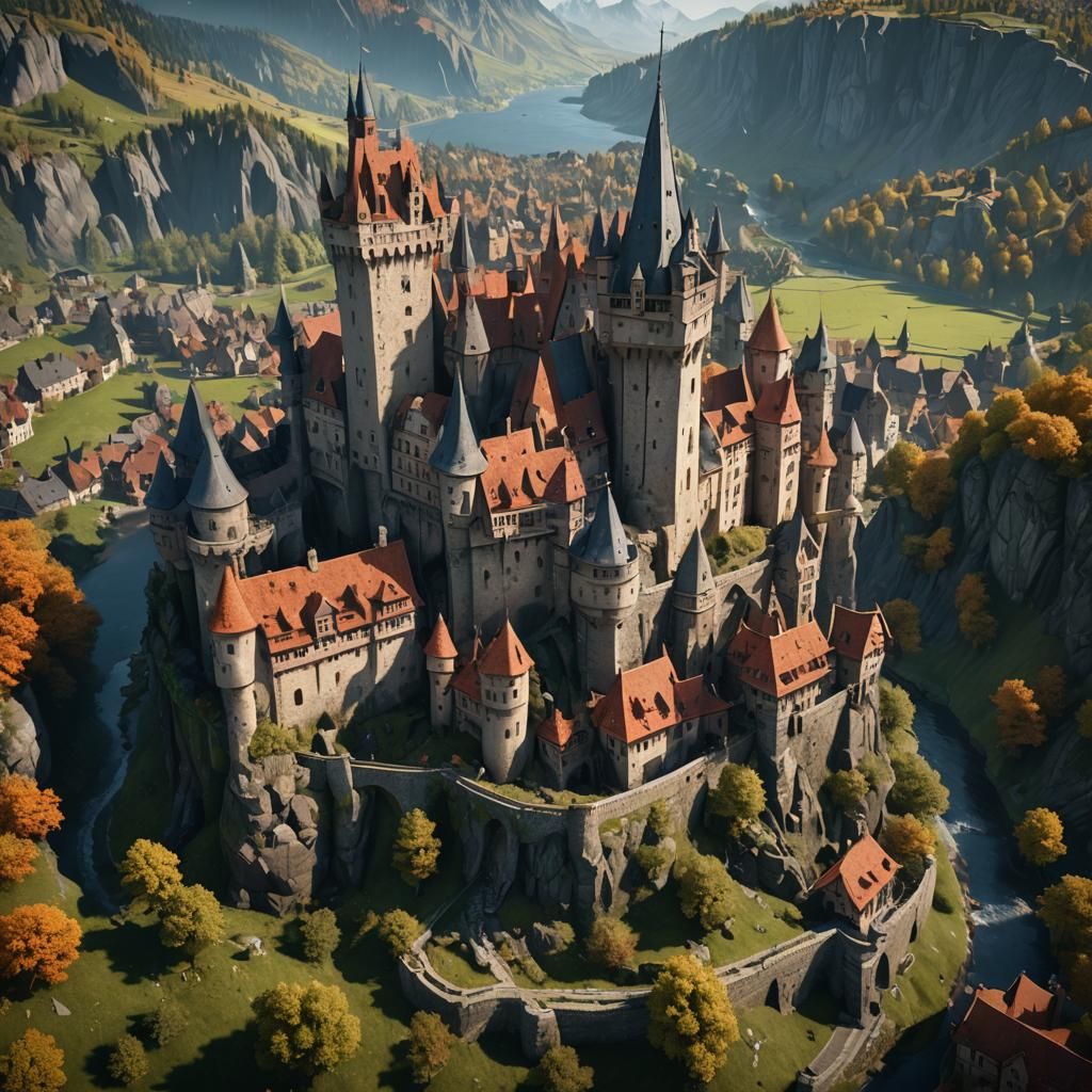 Surreal Castle with Moat: Detailed Matte Painting