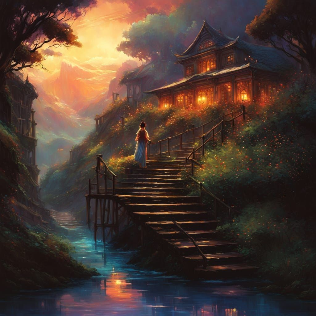 Fantasy Woman Descends Stairs in Vibrant Dreamlike Scene