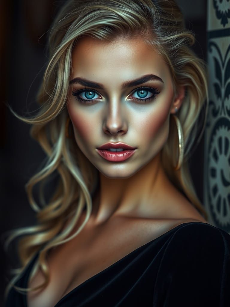 Glamorous Blonde Woman with Blue Eyes in Hyperrealistic Styl...