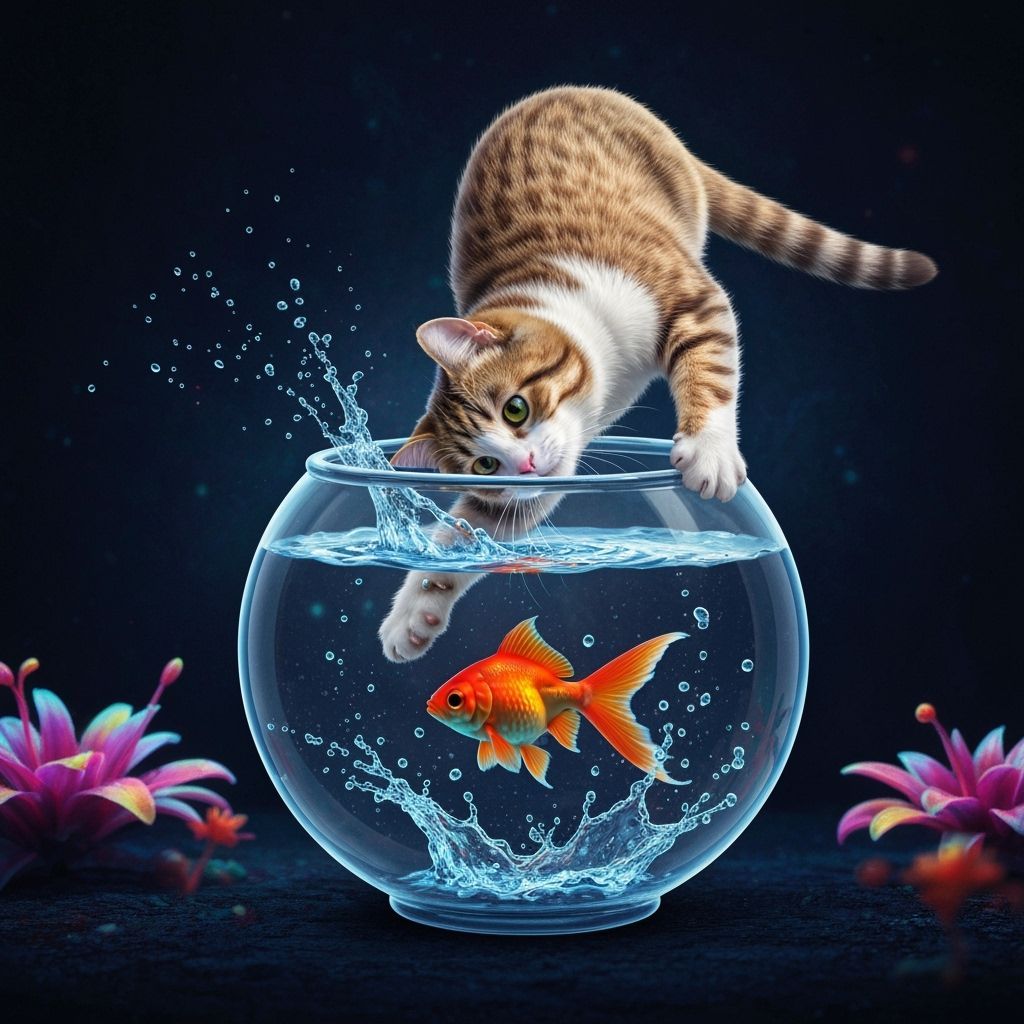 Cat Fishing in Bowl, Graffiti Art Style