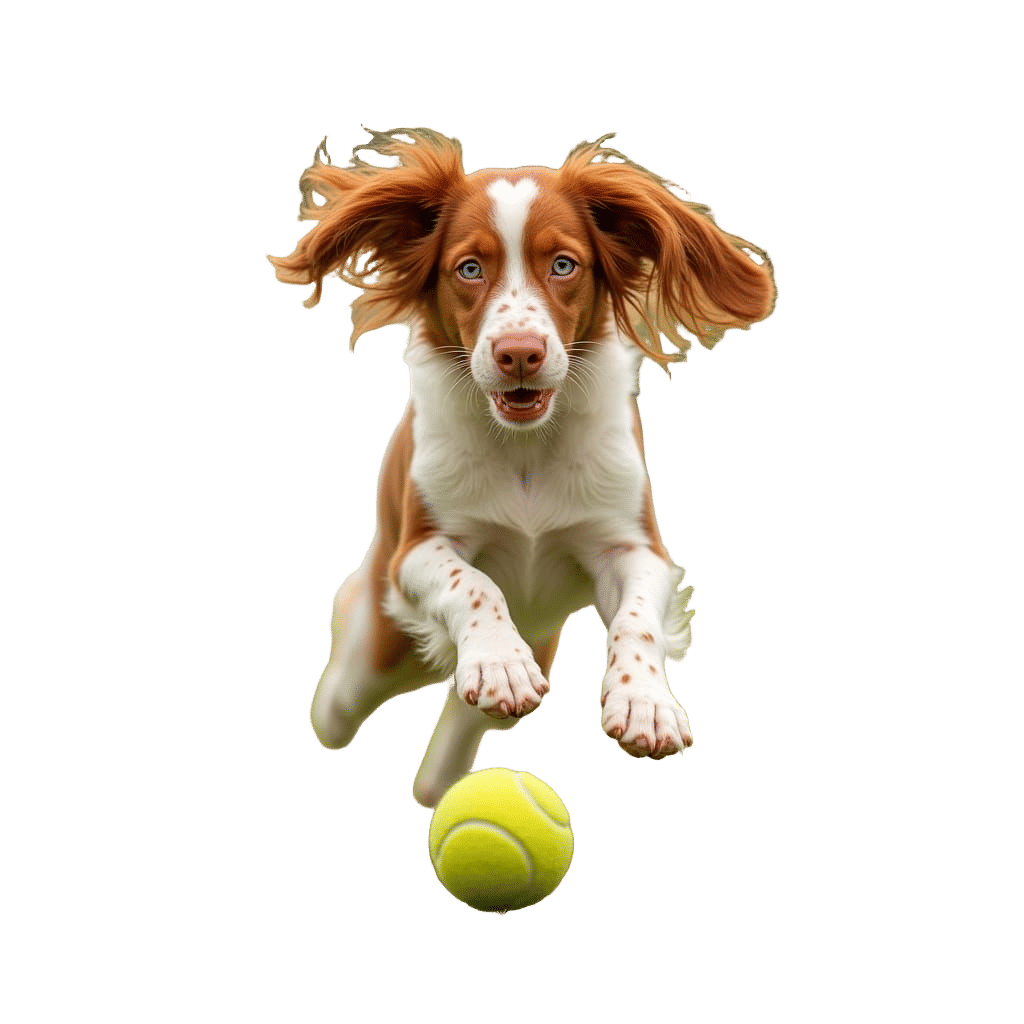 Vibrant Brittany Spaniel in Joyful Mid-Air Leap, Against Ser...