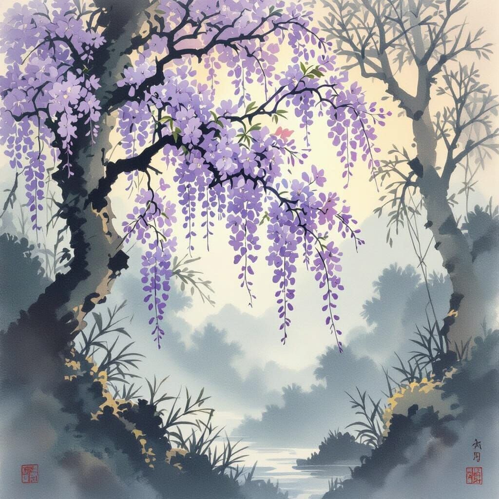 Spring Awakening in Japanese Ink Wash Style