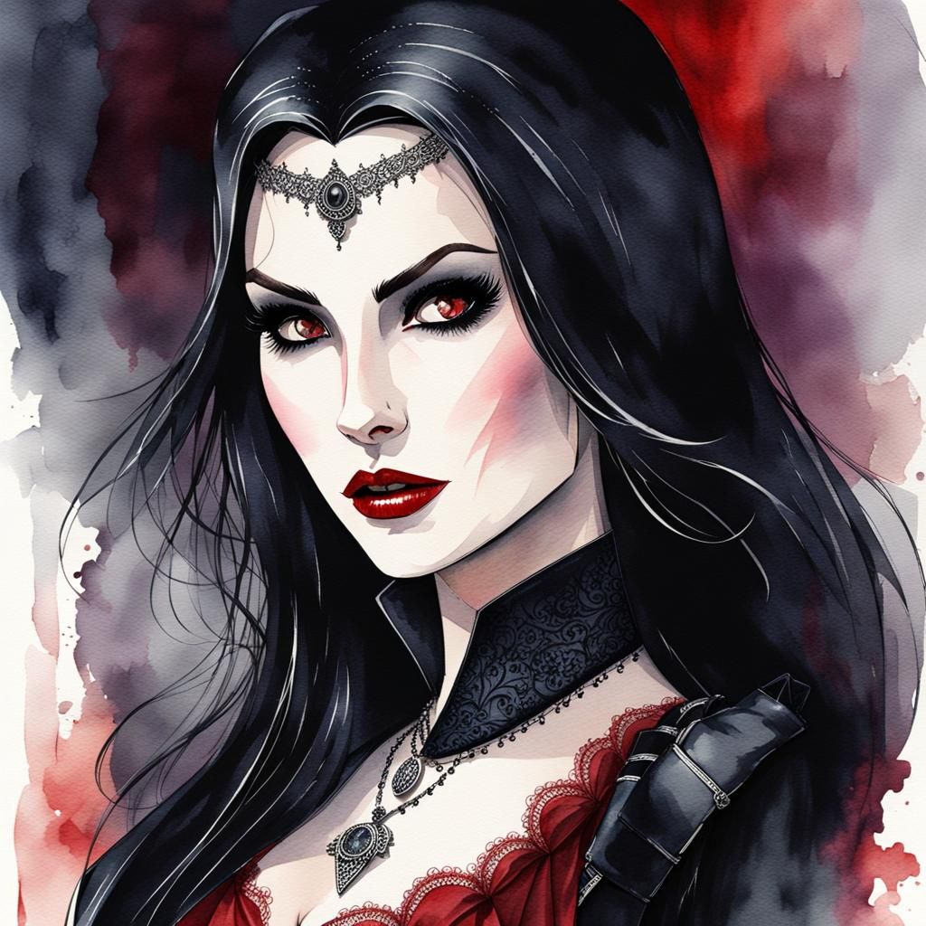 Beautiful Watercolor Female Vampire in Gothic Dress