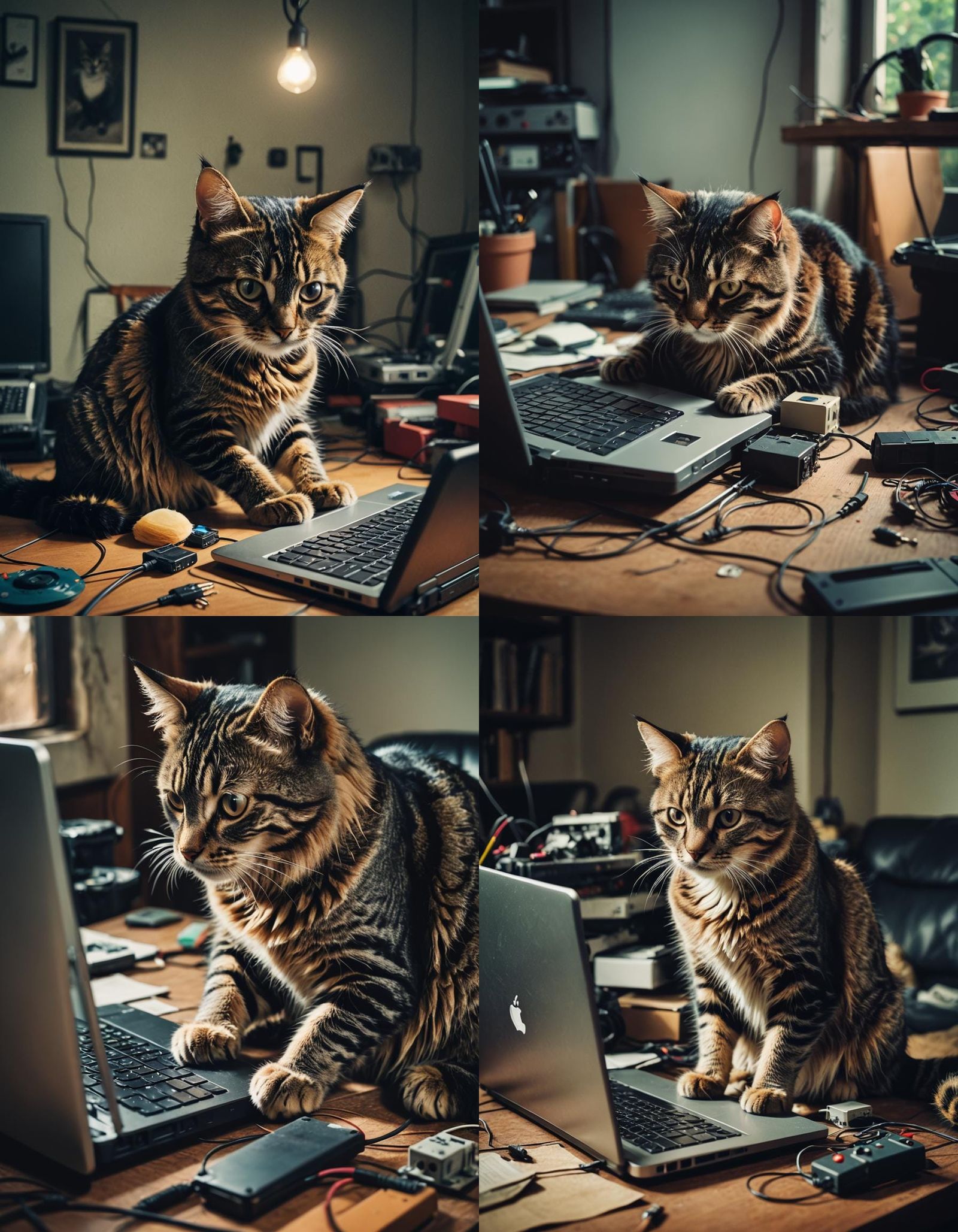 Cat Repairs Laptop: Cinematic Film Still