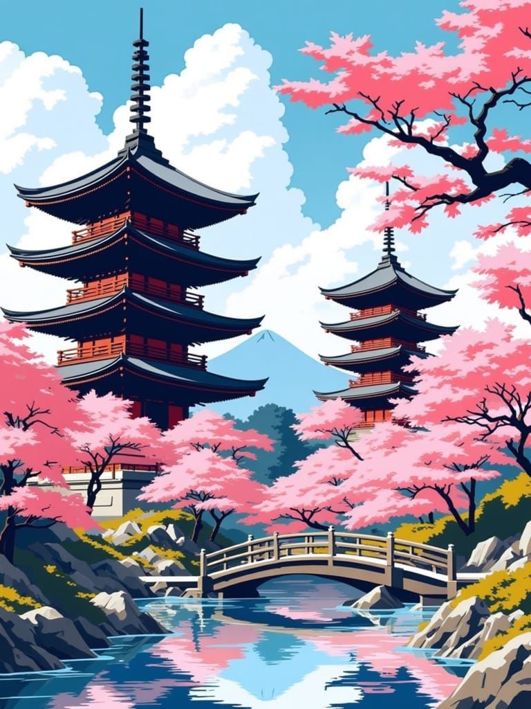 Surreal Japanese Landscape in Vibrant Spring Colors