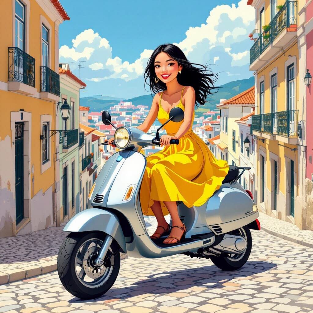 Girl on Scooter in Portugal, Modern Illustration