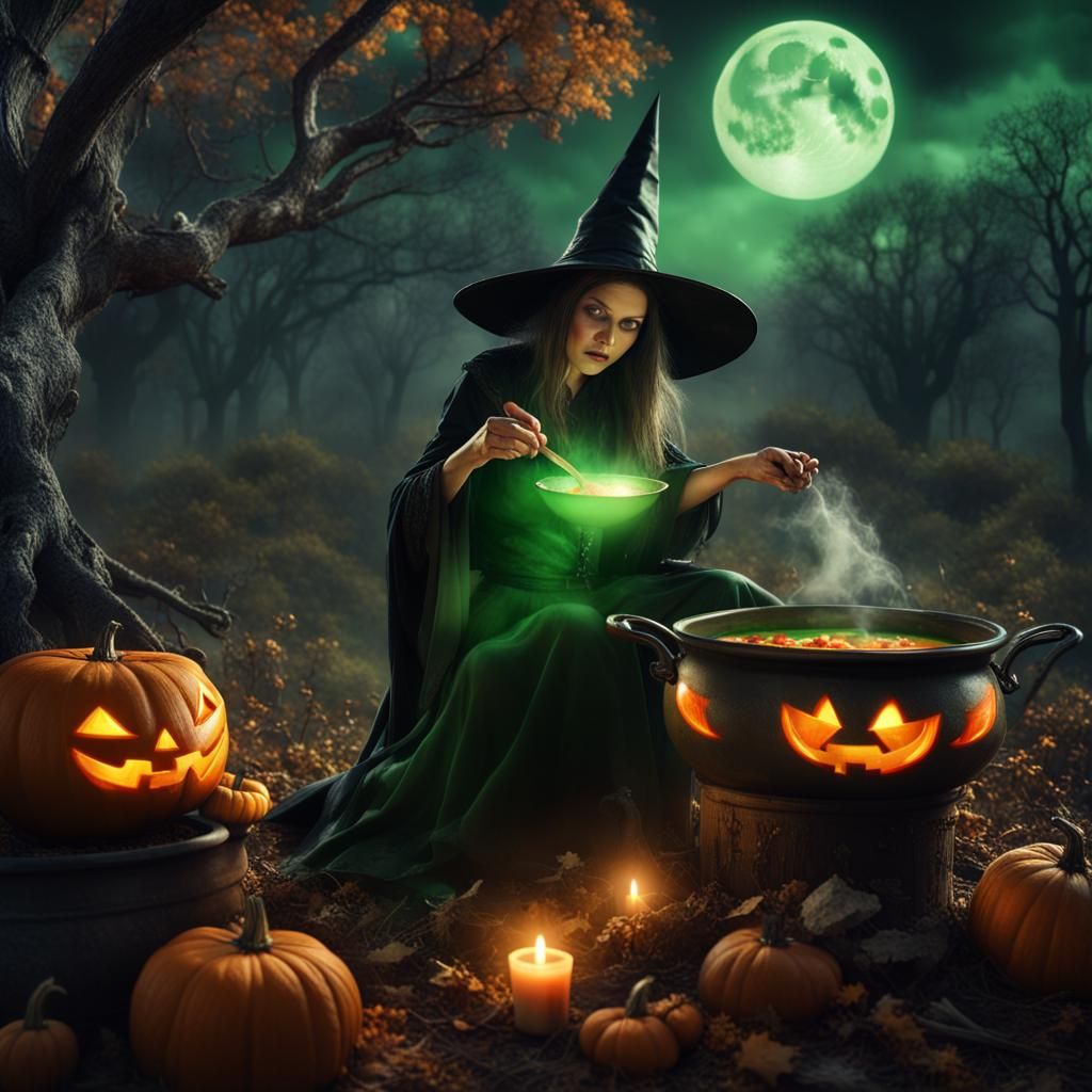Halloween Witch Cooking Magical Soup Under Full Moon
