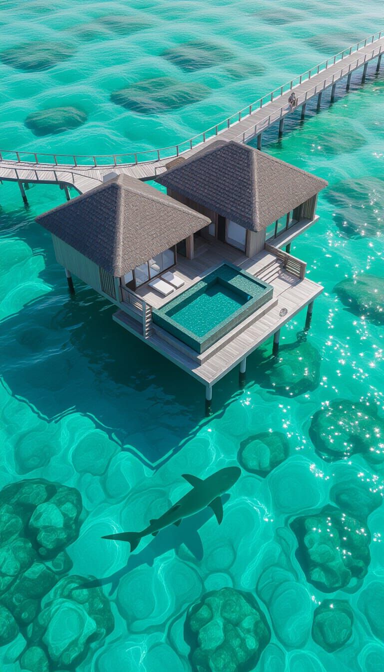 Overwater Villa with Shark Shadow Below, High Clarity