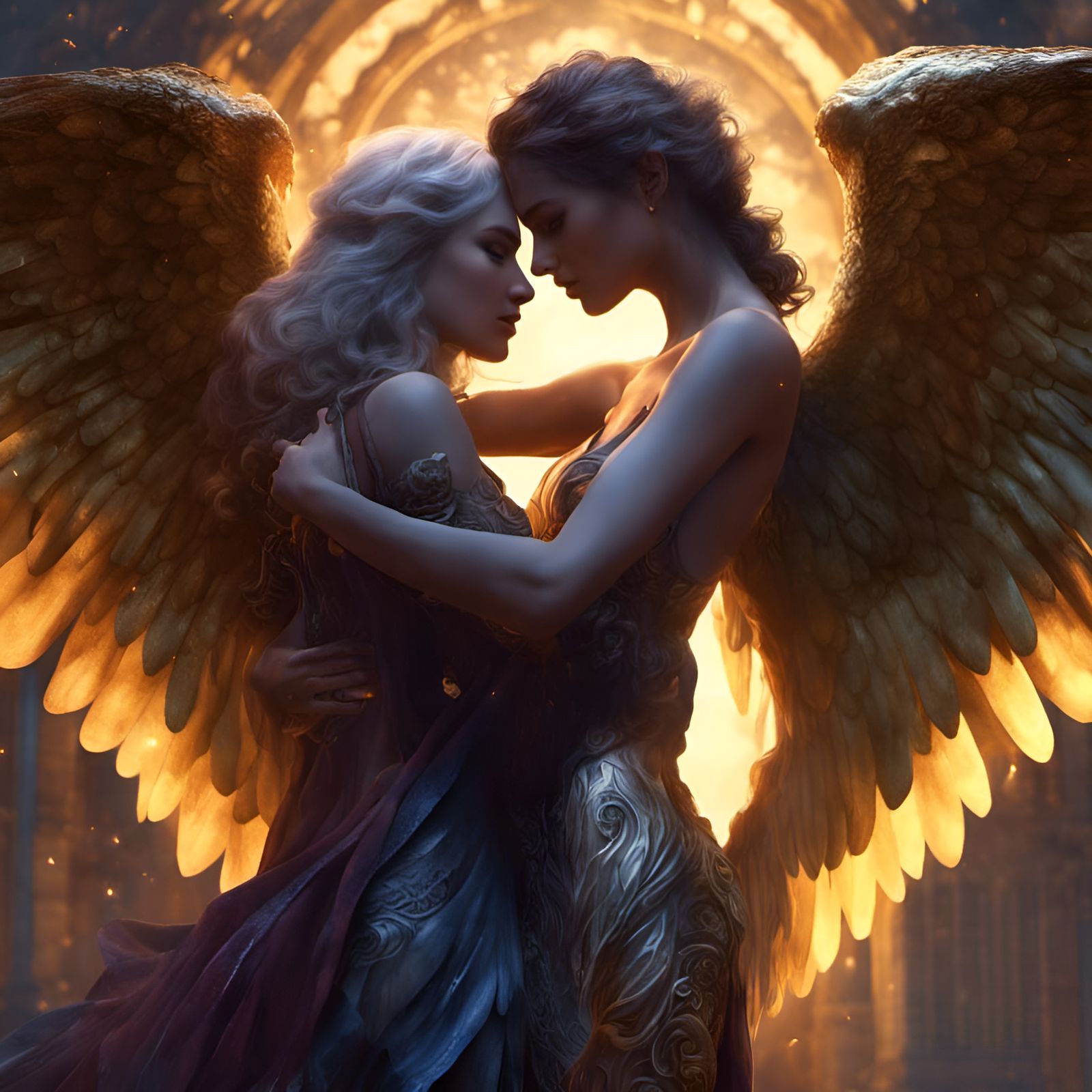 Woman and Angel Embrace: Fantasy Art