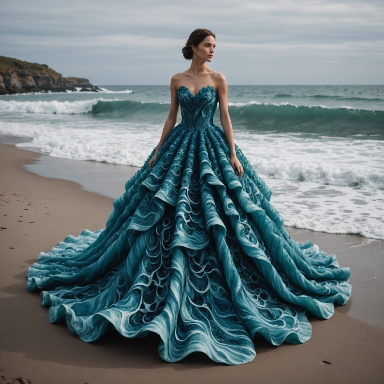 Surreal Ocean Wave Gown in Ethereal Art Style
