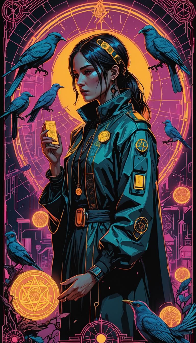 Detailed Nine of Pentacles Tarot Card in Cyberpunk Style