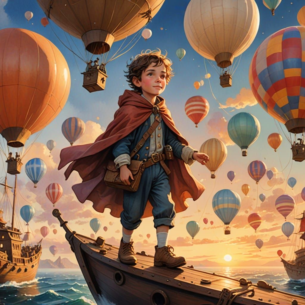 Child on Flying Ship in Dreamy Watercolor Fantasy