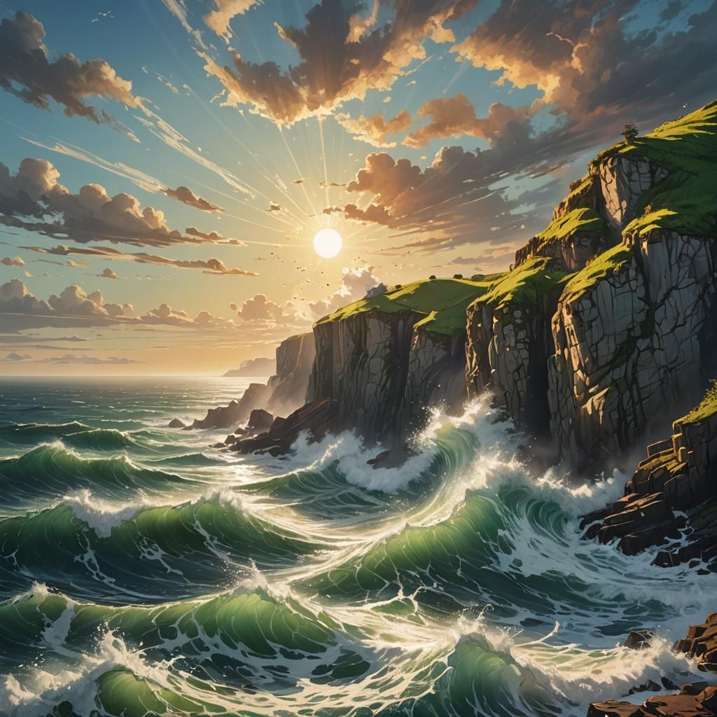 Turbulent Sea and Grassy Cliffs: Hyperrealistic Splash Art