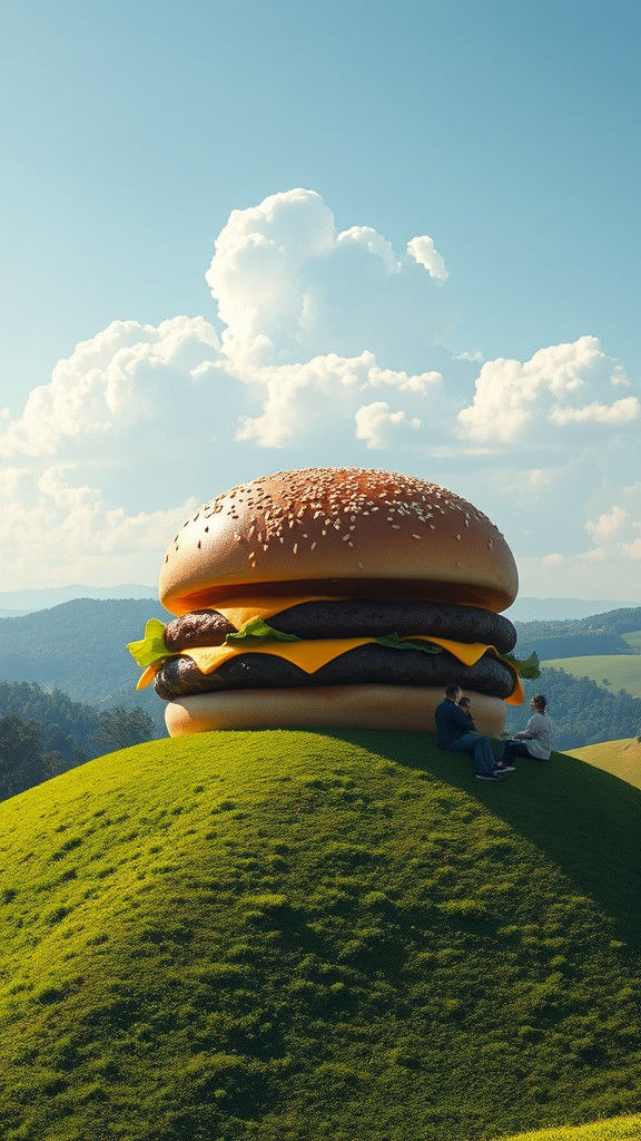 Giant Burger Hilltop Scene in Impressionist Style