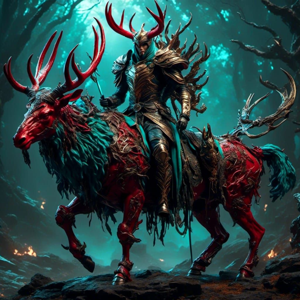 Imposing Fantasy Warrior with Crimson Horned Helmet