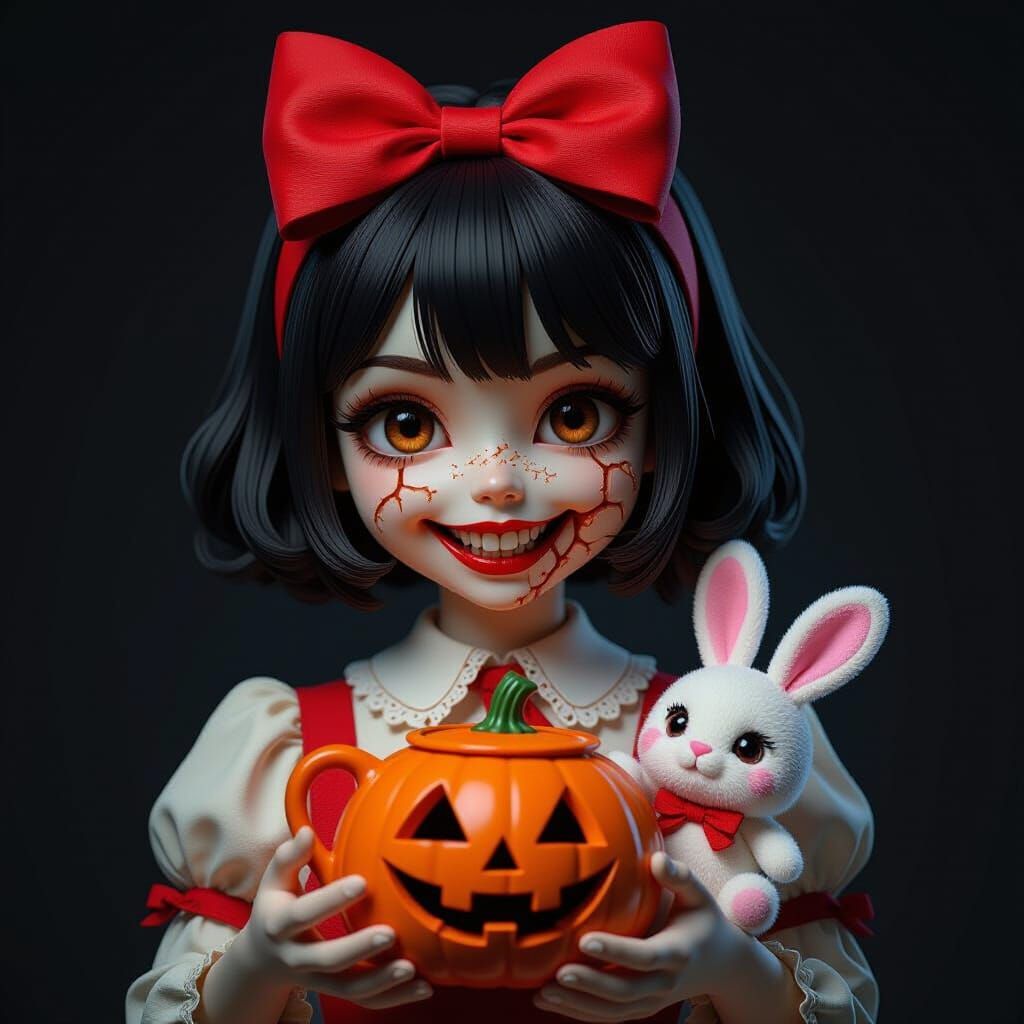 Scary Doll with Pumpkin Teapot and Bunny Plushie
